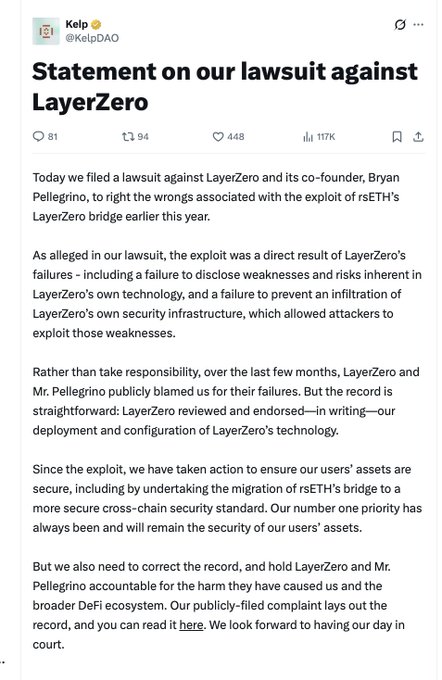 A tweet from Kelp (@KelpDAO) titled 'Statement on our lawsuit against LayerZero', announcing legal action against LayerZero and co-founder Bryan Pellegrino over the rETH bridge exploit.