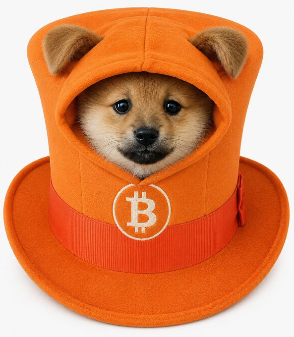 An adorable small dog (appears to be a Pomeranian) peeking out from inside an orange Bitcoin-themed hat that features the Bitcoin ₿ logo embroidered on a ribbon band.