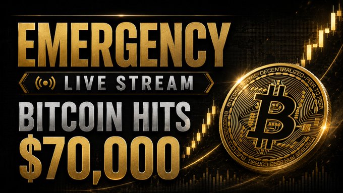 A promotional thumbnail for an emergency live stream announces "BITCOIN HITS $70,000," featuring a large gold Bitcoin coin and an ascending candlestick chart, visually reinforcing the post's message about Bitcoin reaching the $70,000 milestone and the upcoming YouTube broadcast.
