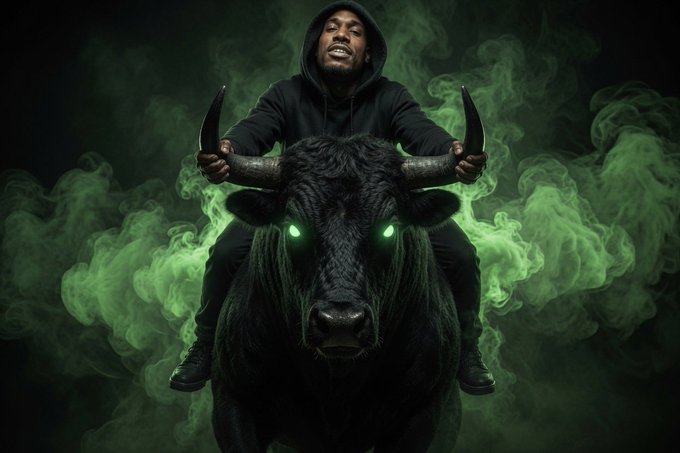 A stylized digital artwork of a man in a black hoodie riding a black bull with glowing green eyes, surrounded by green smoke.
