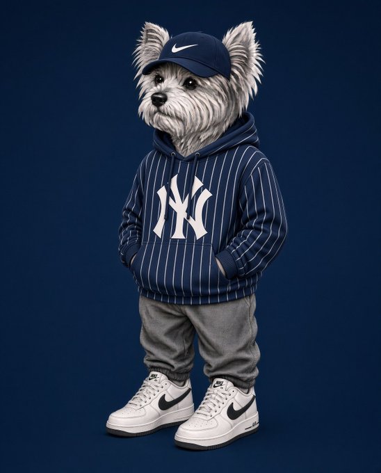 A digital illustration of a small dog, resembling a Yorkshire Terrier, wearing a navy Nike cap, a navy pinstripe New York Yankees hoodie, gray sweatpants, and white Nike sneakers against a dark blue background.