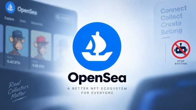 A promotional image for OpenSea featuring their sailboat logo with the tagline 'A BETTER NFT ECOSYSTEM FOR EVERYONE,' alongside text emphasizing 'Connect, Collect, Create, Belong,' 'STOP BOTTING,' and 'Real Collectors Matter,' with NFT listings showing prices like 0.42 ETH.
