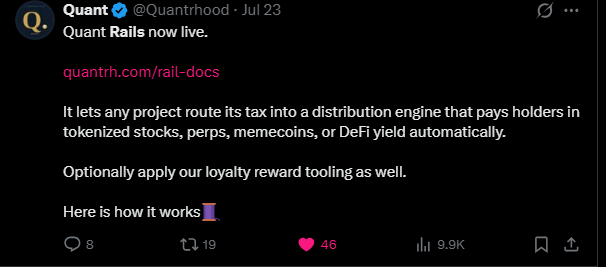 A tweet from @Quantrh (Quant) on July 23 announces "Quant Rails now live" at quantrh.com/rail-docs, describing a system that routes project taxes into a distribution engine paying holders in tokenized stocks, perps, memecoins, or DeFi yield, with optional loyalty rewards. The post is being critiqued by a commenter who claims $QUANT already had this functionality and accuses $INDEX of copying it.