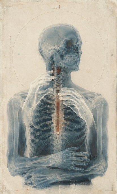 An artistic X-ray style medical illustration of a human upper body showing the skeletal structure, with the cervical and thoracic spine highlighted in red.