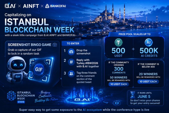 The image presents a screenshot of an AI-powered bingo game related to Istanbul Blockchain Week. The main focus of the image is a white robot equipped with black facial features sitting at a virtual table, ready for action. In front of the robot, there's an advertisement featuring an AI system and various cryptocurrency symbols. The text in the ad encourages users to participate by capturing the screenshot to lock in their preferred Cryptocurrency task.