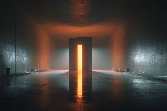 A moody, dark architectural scene of an empty concrete corridor with a glowing orange doorway emitting light, reflected on a wet floor.