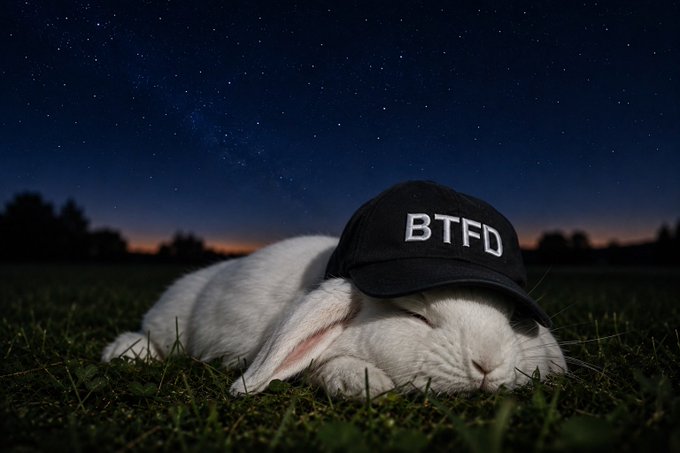 A white rabbit sleeps on grass at twilight beneath a starry sky, wearing a black baseball cap with the white letters 'BTFD' embroidered on it.