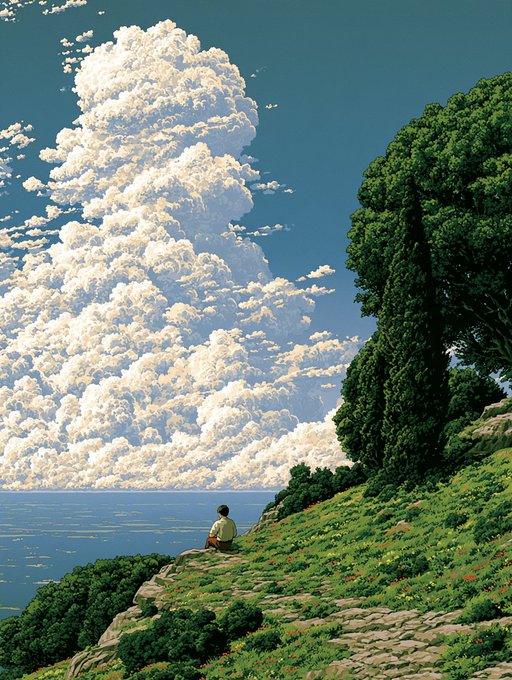 A serene anime-style illustration of a person sitting on a grassy cliff overlooking the ocean, with massive, dramatic cumulus clouds towering in the sky.