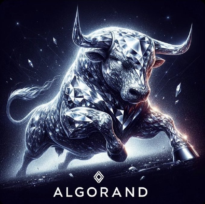 A stylized crystalline bull charges forward under a dark, starry sky, with the Algorand logo and the word “ALGORAND” at the bottom.