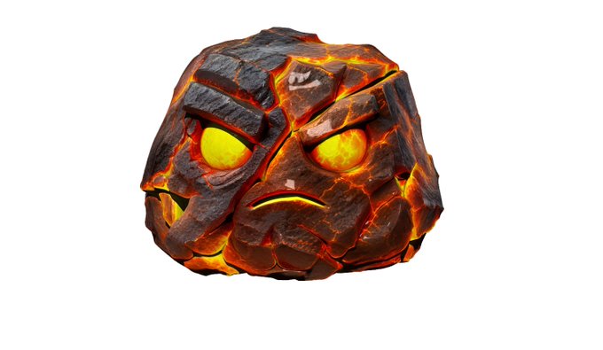 A 3D-rendered illustration of a cracked, molten rock face with glowing orange-yellow eyes and cracks, resembling a lava golem on a white background.