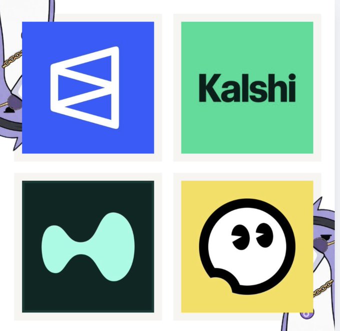 A 2x2 grid of prediction market app icons featuring Polymarket (blue), Kalshi (green), HyperliquidX (dark teal), and bagel_win (yellow), directly corresponding to the four platforms mentioned in the post asking which prediction market users prefer.