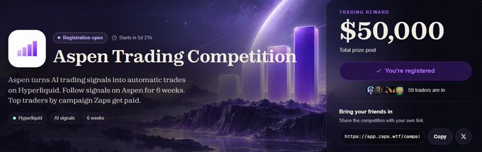 An 'Aspen Trading Competition' banner on Hyperliquid showing a $50,000 trading reward pool, 59 registered traders, registration open, and starting in 5d 21h with a referral link displayed.
