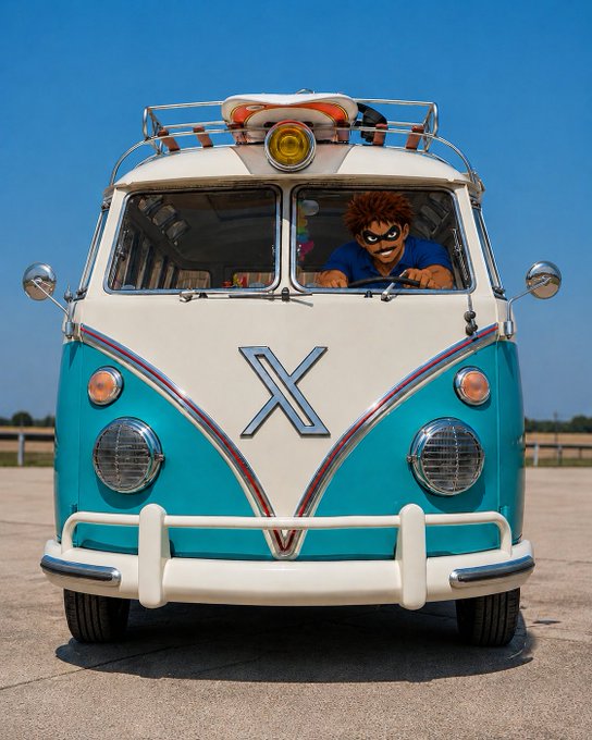 A front view of a vintage turquoise and white Volkswagen-style van with a roof rack, featuring a person with red hair and a mask visible through the windshield.