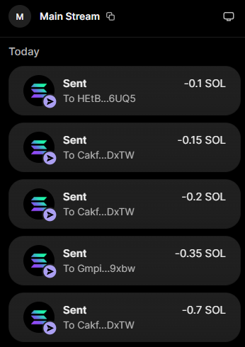 A mobile wallet transaction history showing multiple "Sent" transactions totaling various amounts of SOL (0.1, 0.15, 0.2, 0.35, and 0.7 SOL) to different wallet addresses (HEtB...6UQ5, CAkf...DxTW, and Gmpi...9xbw), which appears to demonstrate the Solana rewards being distributed to winners as mentioned in the post.