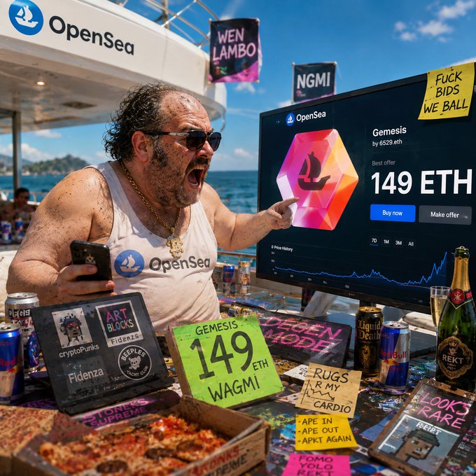 A man excitedly points at a computer screen displaying an OpenSea listing for 'Gemesis' at 149 ETH, surrounded by crypto-related merchandise, energy drinks, and handwritten signs including 'F*CK BIDS WE BALL' and '149 ETH WAGMI'.
