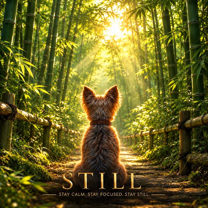 A small dog sits facing away in a sunlit bamboo forest, with text reading 'STILL — STAY CALM. STAY FOCUSED. STAY STILL.'