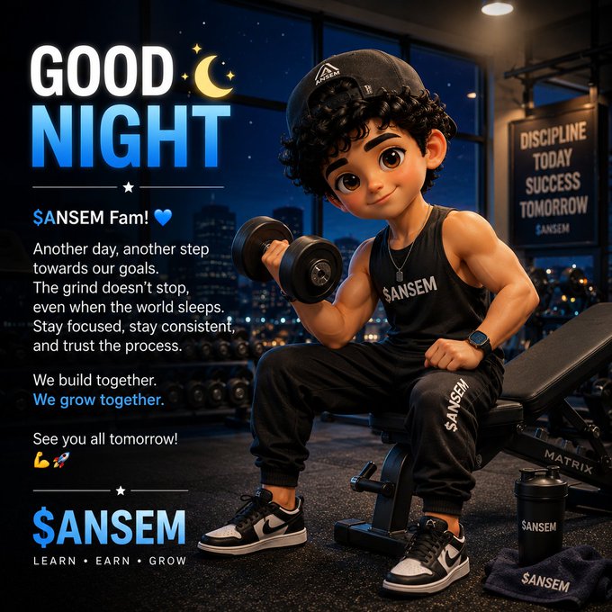 A motivational 'GOOD NIGHT' social media post for '$ANSEM Fam!' featuring a 3D animated character lifting a dumbbell in a gym, with the slogans 'DISCIPLINE TODAY SUCCESS TOMORROW' and 'LEARN • EARN • GROW'.