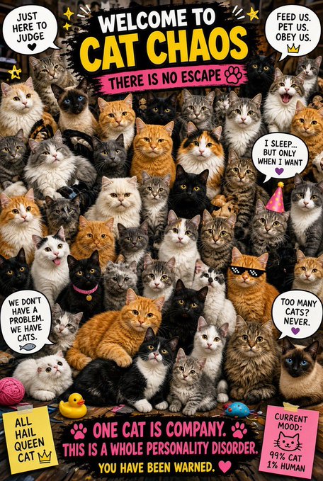 A colorful poster titled "WELCOME TO CAT CHAOS - THERE IS NO ESCAPE" features a collage of many cats with humorous speech bubbles like "JUST HERE TO JUDGE," "I SLEEP, BUT ONLY WHEN I WANT," and "99% CAT 1% HUMAN."