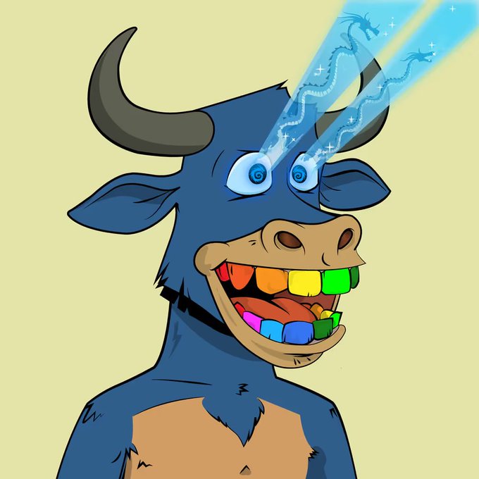 A cartoon illustration of a blue bull with horns and rainbow-colored teeth stares upward as beams of light shoot from its spiral eyes, revealing small dragons within the beams.