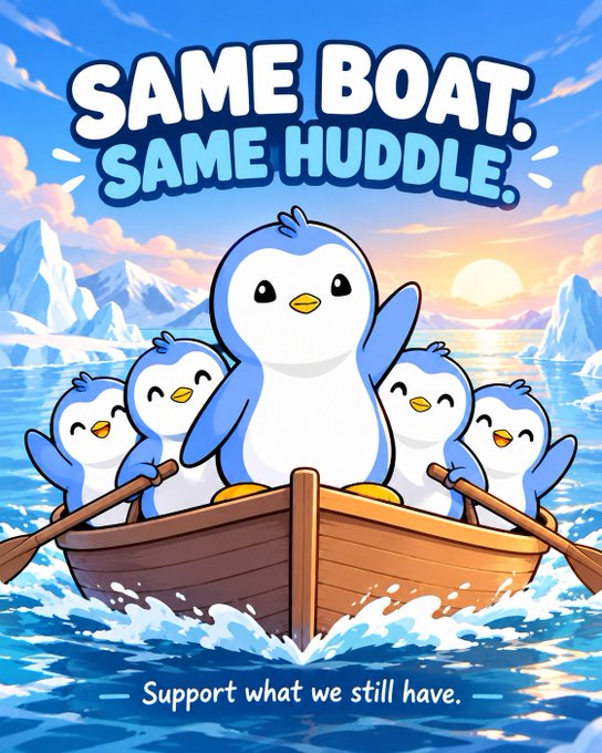 An illustrated poster titled 'SAME BOAT. SAME HUDDLE.' featuring cartoon penguins rowing a wooden boat in icy waters, with the text 'Support what we still have.' below.