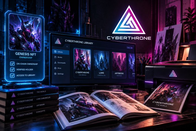 A promotional image for 'CYBERTHRONE' featuring NFT artwork displays, a library interface, artbooks, and digital collectibles with neon blue and purple lighting.
