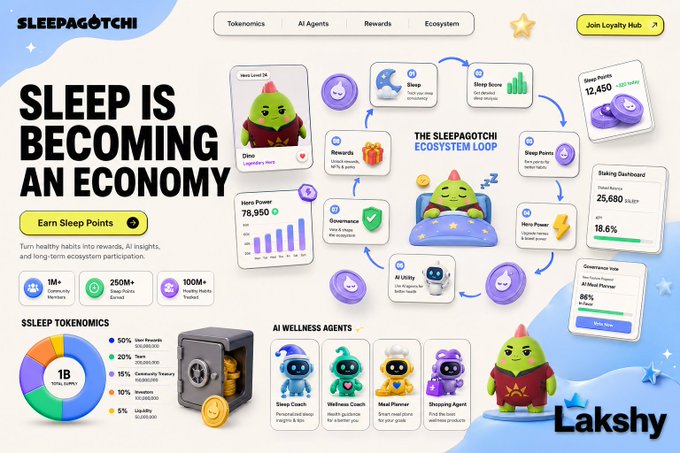 The image features a colorful poster promoting the app Sleepagotchi that encourages users to spend money by taking care of their virtual pets while they sleep. The poster emphasizes this connection between technology and economy and aims to capture the attention of potential users by incorporating elements like toys, coins, and other objects commonly found in children's games or activities. By doing so, it makes a creative association between sleep-related items such as bedtime stories, dreams, and sleep routines with financial incentives from the app.