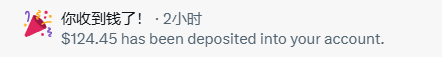 A notification reads "你收到钱了! · 2小时" and "$124.45 has been deposited into your account," showing that the user received $124.45 in creator revenue for being active on X, despite only logging in briefly during a week-long trip.