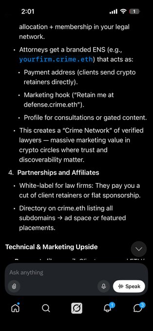 Screenshot of notes describing a crypto-based 'Crime Network' for attorneys, featuring branded ENS domains like 'yourfirm.crime.eth' for payments, marketing, and a directory on crime.eth.
