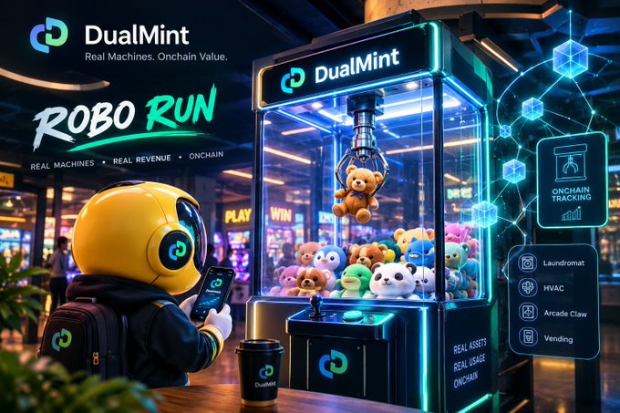 A child-like robot character stands before a "DualMint Robo Run" claw machine filled with plush toys in a neon-lit arcade, holding a phone to interact with the machine. The image highlights DualMint's "Real Machines. Real Revenue. Onchain" concept, showcasing their onchain tracking infrastructure that connects physical arcade assets like claw machines to digital blockchain economies.