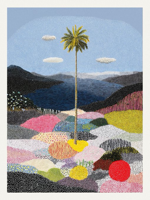 The image features a painting with a palm tree, surrounded by various colors and patterns that create an abstract landscape. The scene includes a mountain range, water, and clouds, as well as a red circle in the center of the painting. The artist has used dots instead of traditional brushstrokes to create this unique piece of art.