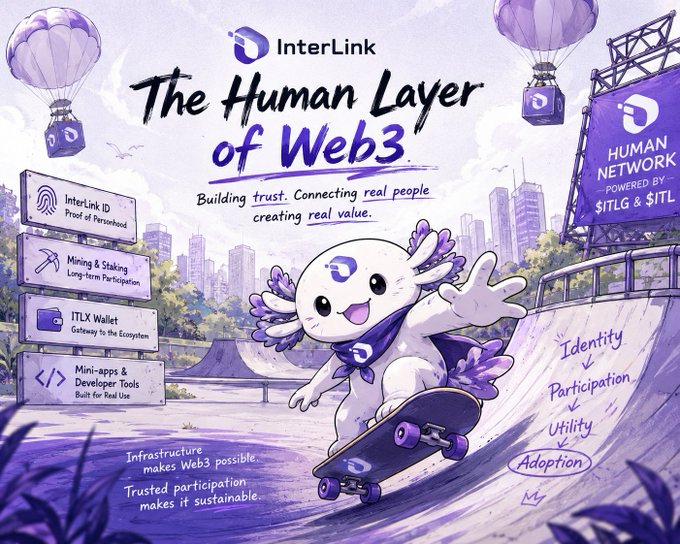 A promotional graphic for InterLink titled 'The Human Layer of Web3,' featuring an axolotl mascot on a skateboard with features like InterLink ID, mining/staking, ITLX wallet, and mini-apps.