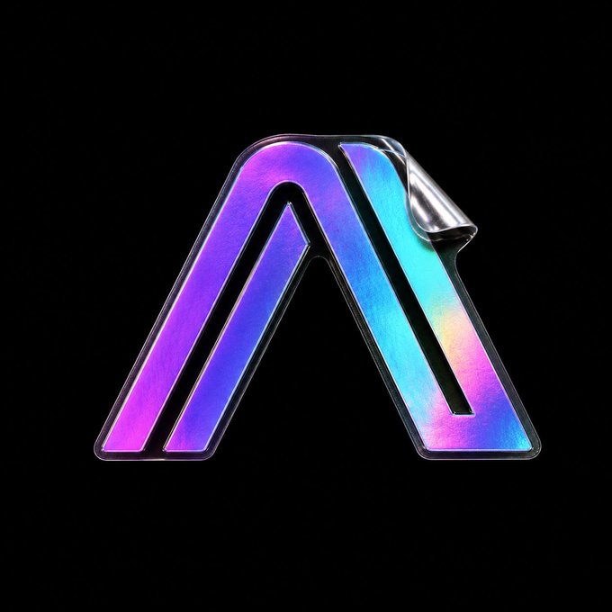 A 3D metallic letter 'A' with an iridescent purple-to-cyan gradient finish on a black background.