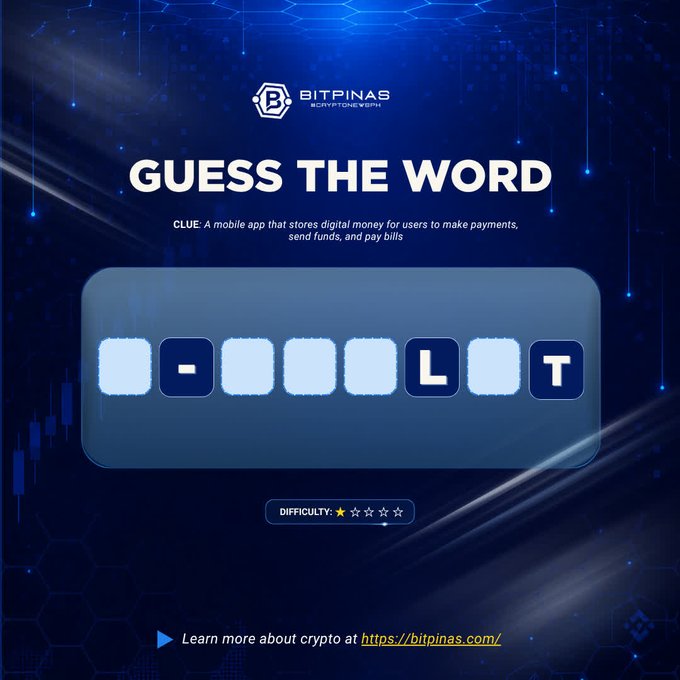 A BitPinas 'Guess the Word' crypto puzzle with the clue describing a mobile payment app and the visible letters '— — — — L T'.