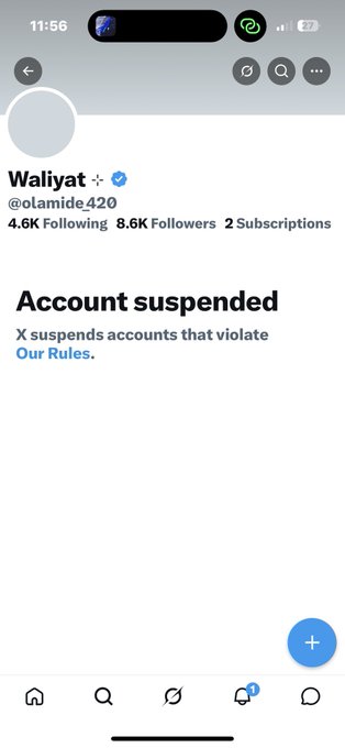A screenshot of a suspended X (Twitter) account belonging to "Waliyat" (@0lamide_420) showing 8.6K followers and a message that "Account suspended: X suspends accounts that violate Our Rules." The image relates to the caption "Subhanallah" as an expression of disbelief or reflection regarding the account's suspension.