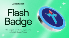 This image displays a "Flash Badge" from @AbstractChain, awarded by @TollanUniverse for defeating 12 Golden Frods. The accompanying text confirms the user earned this badge by playing the game.