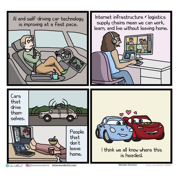 The comic by Brian Wonderful shows technological progress—self-driving cars, remote work, and isolation—culminating in two anthropomorphized cars falling in love with the caption "I think we all know where this is headed," humorously suggesting humans will become obsolete for romance as well.

The image pairs with the post's message by illustrating a long-term, inevitable trend: just as the comic foreshadows a future most people haven't fully grasped, the post argues that real investment returns come from holding conviction in transformative trends before they become obvious to everyone else.