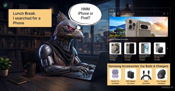 A digital illustration of a bird-like humanoid character in armor sitting at a laptop with text boxes reading 'Lunch Break. I searched for a Phone' and 'HMM iPhone or Pixel?' alongside a mockup of a phone shopping interface.