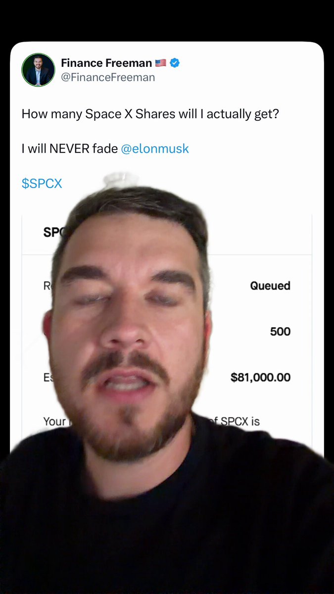The image shows a man with a beard and mustache wearing a black shirt. He is standing against a white background, looking at his cell phone screen which displays information about an IPO or stock exchange. The content of the message he's reading includes details about a $81K stock purchase on the Space XShares. This seems to be a sponsored post, as indicated by the "rich boy" tag in one part and "spacex" tag in another.
