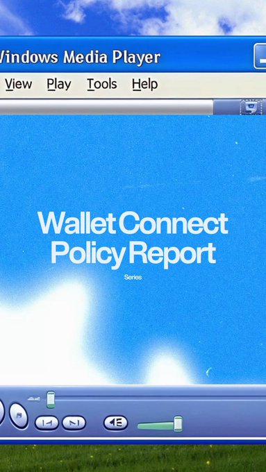 A graphic designed to look like the classic Windows Media Player interface displays the title 'Wallet Connect Policy Report' in the center, with playback controls visible at the bottom.
