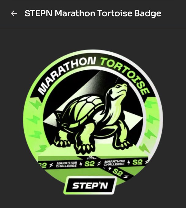 STEP'N Marathon Tortoise Badge featuring a glowing green turtle emblem with 'MARATHON CHALLENGE S2' branding on a dark background.