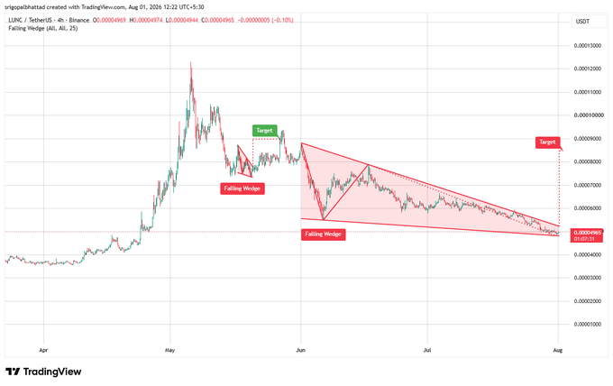 A TradingView chart shows LUNC/TetherUS on Binance with two falling wedge patterns highlighted—one completed and one ongoing—on the 4-hour timeframe, with a price target marked at approximately $0.000090 and current price near $0.0000495, aligning with the post's analysis of a breakout setup from the $0.000049–$0.000050 support zone.
