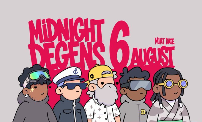 A cartoon-style event poster for 'Midnight Degens 6 August Mint Date' featuring five diverse character avatars against a bright pink background.