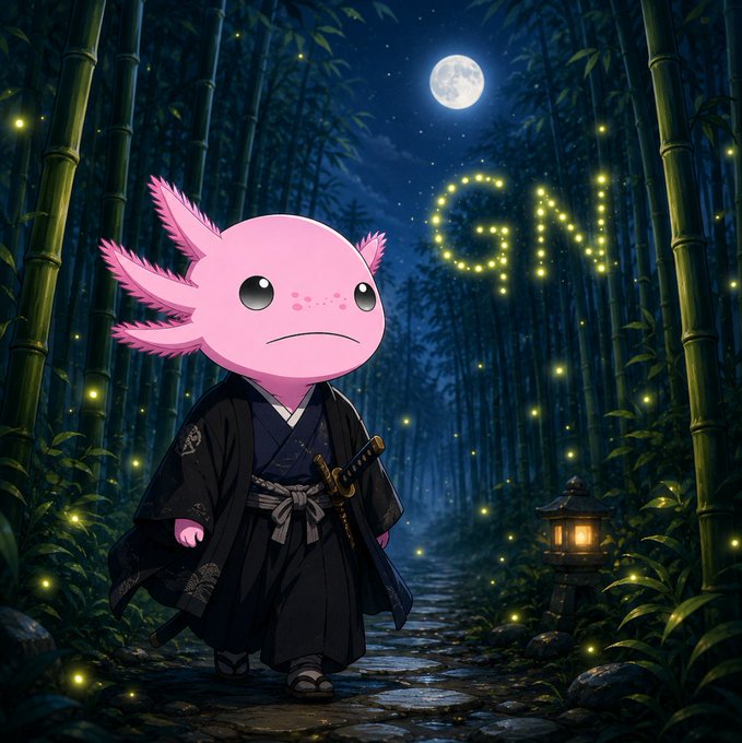 An anime-style illustration shows a pink axolotl dressed as a samurai in a dark kimono, standing on a path through a bamboo forest under a full moon, with floating lights forming the initials "GN" in the background.