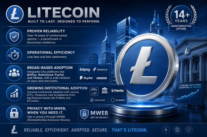 A promotional infographic for Litecoin ($LITECOIN) highlighting its 14+ years of uptime, reliability, operational efficiency, broad-based adoption (BitPay, Robinhood, etc.), growing institutional adoption, and privacy features like MWEB.