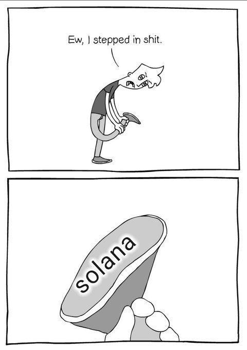A cartoon character bends over to examine their shoe in disgust, exclaiming "Ew, I stepped in shit," then pulls off the shoe to reveal the word "Solana" printed on its sole, a visual pun on the "Shitlana" joke implying Solana is worthless.
