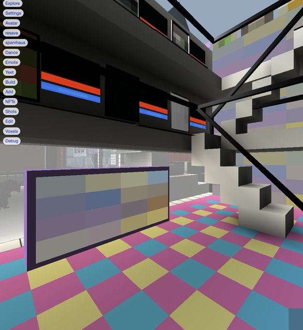 A 3D rendered interior scene featuring a colorful checkered floor, modern stairs, and a user interface menu on the left with buttons labeled 'Explore', 'Settings', 'Avatar', 'Dance', 'Build', 'Add', 'Shops', 'Edit', 'Voxels', and 'Debug'.