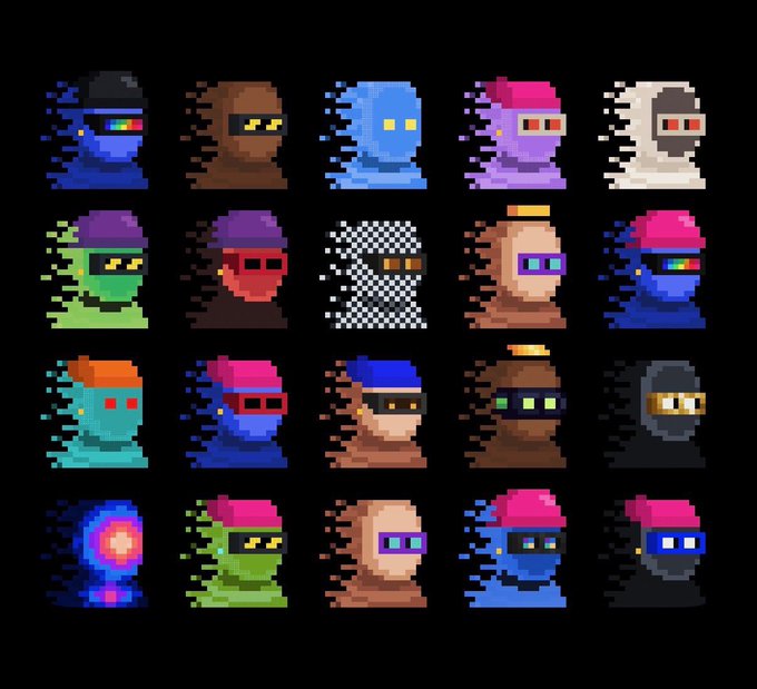 A pixel art grid of 20 stylized hooded figures with glitch effects and VR-like visors in various colors, visually representing the 20 ZK-SNARK NFT characters collected at the Zilkroad auction on the Zcash network.