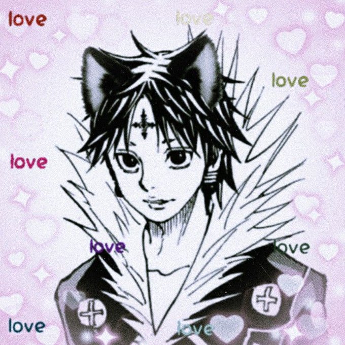 The image features a black-and-white anime-style character with cat ears and a spiked collar, surrounded by a pink heart-patterned background with the word "love" repeated multiple times. It visually amplifies the post's playful "cat super cycle" theme, combining feline cuteness with crypto/blockchain energy to convey a meme-y, lovable vibe.