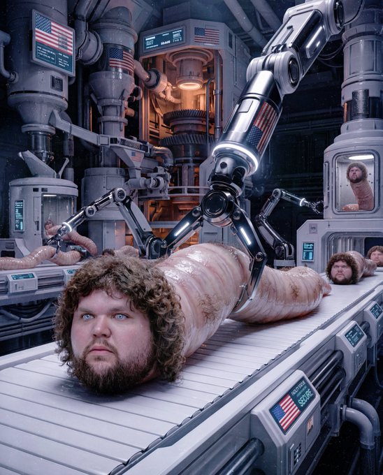 A robotic arm in a futuristic, American-flag-draped industrial facility processes a human head attached to a segmented, worm-like body on a conveyor line, with similar figures visible in containers. The image humorously visualizes the post's theme of machines replacing artists by depicting a dystopian, automated factory mass-producing bizarre human-machine hybrids.