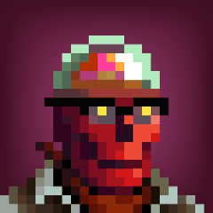 Pixel art illustration of a red character wearing a colorful cap and dark glasses against a purple gradient background.